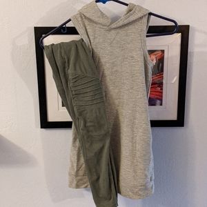 Gray sleeveless hooded dress/pants outfit